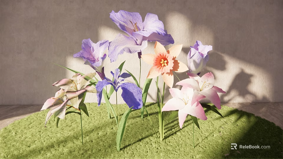 Purple Pink and White Iris Lily Flowers in Sunlight on Green Grass by Light Wall 3d model 