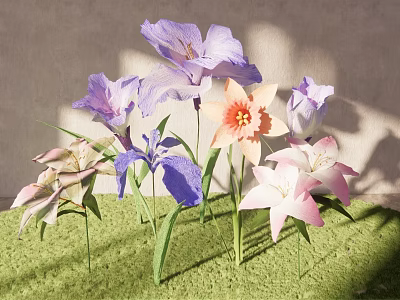 Purple Pink and White Iris Lily Flowers in Sunlight on Green Grass by Light Wall 3d model
