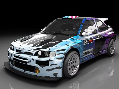 Rally Car With Camouflage Blue Black White Design Rear Spoiler Alloy Wheels And Racing Decals 3d model