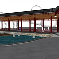 Chinese Style Landscape Bridge With Pavilion Over Pond And Autumn Trees