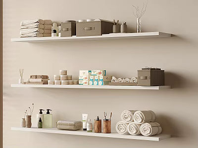 Organized Washing Supplies Towels Bottles And Daily Necessities On Wall Shelves 3d model