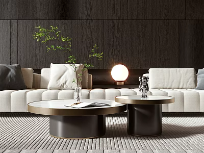 Modern Coffee Table In Living Room With Metal Base Green Plant Vase Sculpture And Lamp 3d model