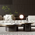 Modern Coffee Table In Living Room With Metal Base Green Plant Vase Sculpture And Lamp