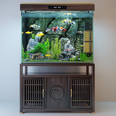 Elegant Aquatic Fish Tank with Colorful Fish Water Plants Rocks and Wooden Stand 3d model