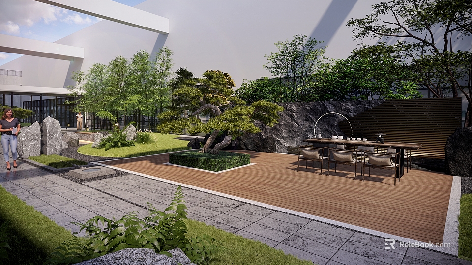 Outdoor Office Landscape With Wooden Deck Tables Chairs Greenery Trees Rocks And Modern Architecture 3d model 