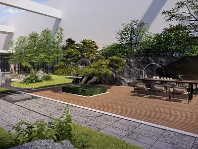 Outdoor Office Landscape With Wooden Deck Tables Chairs Greenery Trees Rocks And Modern Architecture 3d model