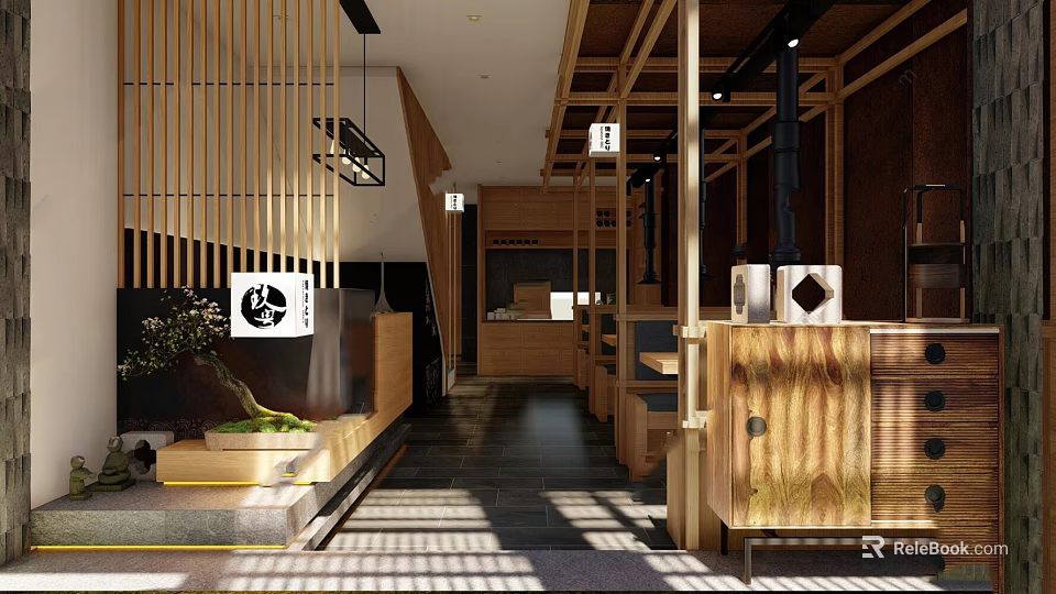 Japanese Restaurant Interior With Wooden Elements Bamboo Partitions And Natural Light 3d model 
