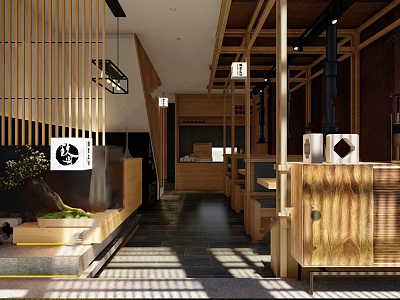 Japanese Restaurant Interior With Wooden Elements Bamboo Partitions And Natural Light 3d model