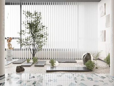 Indoor Landscape Interior With White Blinds Stone Slabs Small Plants And Decorative Stones 3d model