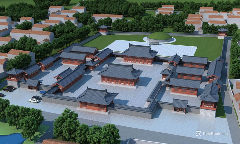 Traditional Chinese Ancient Architecture Courtyard Layout With Multiple Buildings Green Spaces And Trees 3d model 