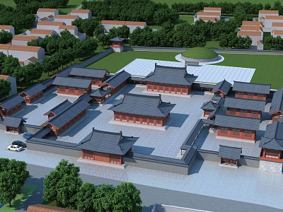 Traditional Chinese Ancient Architecture Courtyard Layout With Multiple Buildings Green Spaces And Trees 3d model