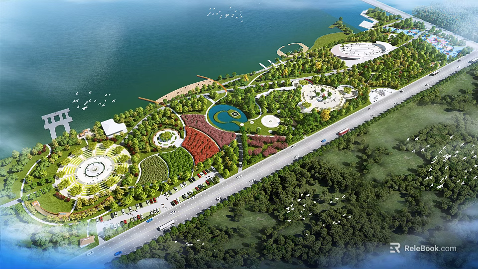 Waterfront Landscape Design With Green Spaces Walking Paths Circular Lawns And Water Features 3d model 