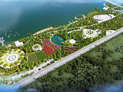 Waterfront Landscape Design With Green Spaces Walking Paths Circular Lawns And Water Features 3d model