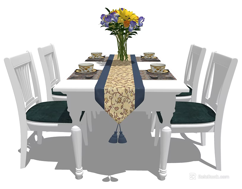 White Dining Table Set With White Chairs Green Cushions Table Runner And Colorful Flower Vase 3d model 