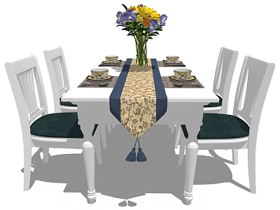White Dining Table Set With White Chairs Green Cushions Table Runner And Colorful Flower Vase 3d model