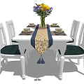 White Dining Table Set With White Chairs Green Cushions Table Runner And Colorful Flower Vase