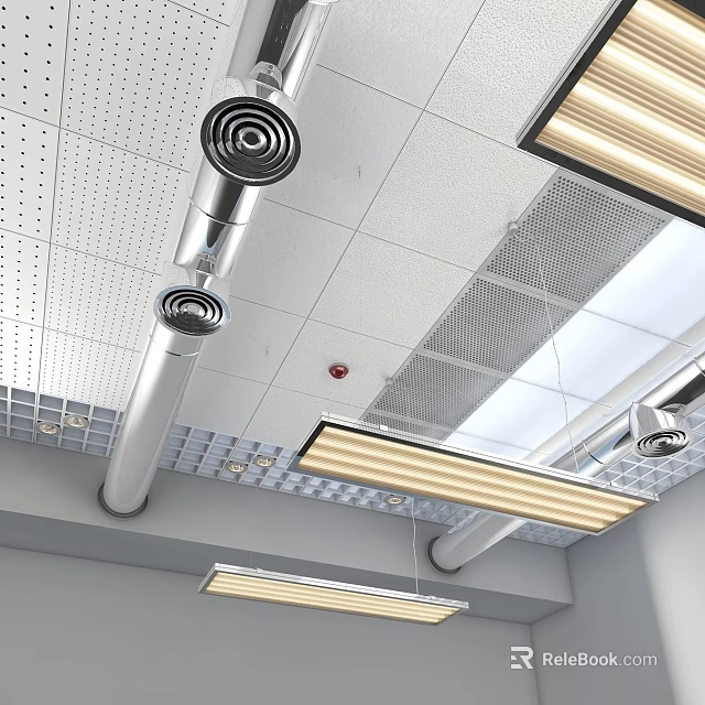 Industrial Commercial Ceiling Design With Metal Pipes Long Light Fixtures And Ventilation Grilles 3d model 