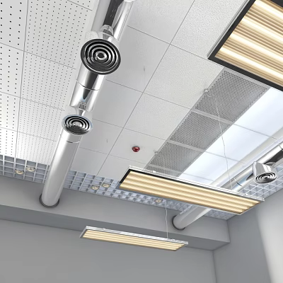 Industrial Commercial Ceiling Design With Metal Pipes Long Light Fixtures And Ventilation Grilles 3d model