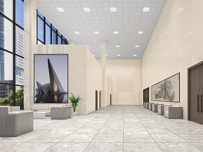 Modern Spacious Lounge Area with Large Windows Sofas Green Plants Wall Art and Tile Flooring 3d model