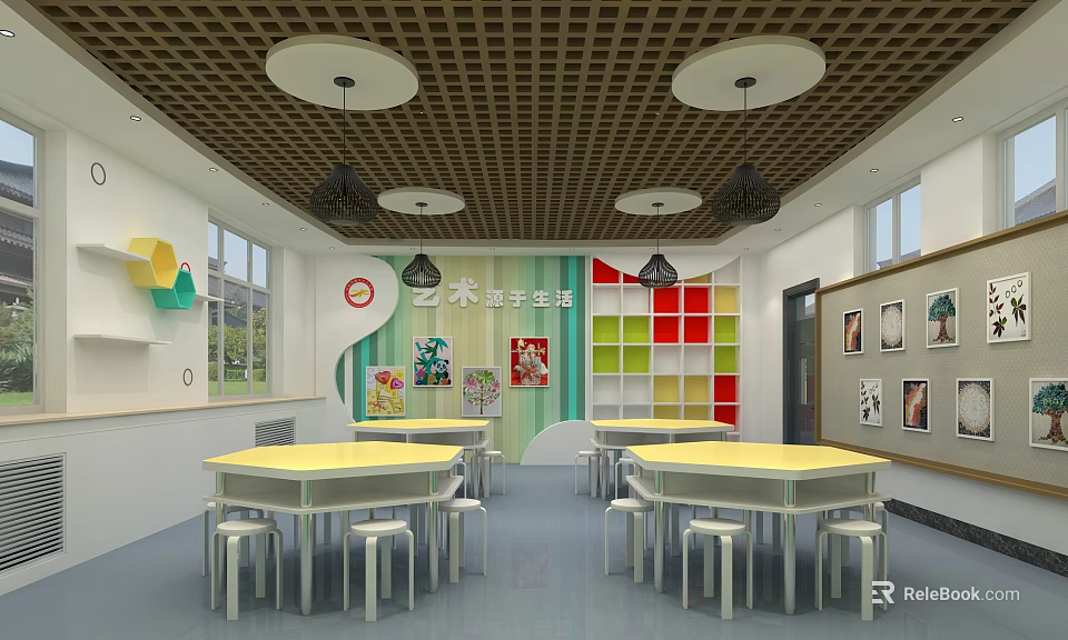 School Art Classroom For Creative HandsOn Activities With Colorful Wall Panels And Round Tables 3d model 