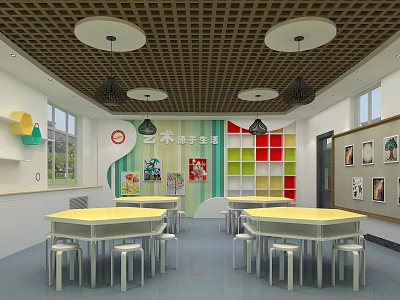 School Art Classroom For Creative HandsOn Activities With Colorful Wall Panels And Round Tables 3d model