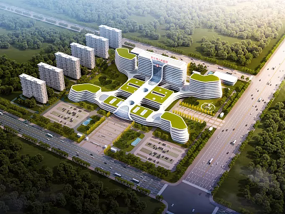 Modern Architectural Complex With Green Roof Design Surrounding Green Spaces Parking Lots And Roads 3d model