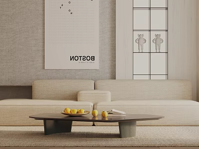 Light Beige Three-Seater Sofa with Dark Coffee Table Yellow Fruits Book and Boston Poster 3d model