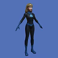 Woman in Black Bodysuit with Blue Gloves Boots and Glowing Chest Emblem Against Blue Background