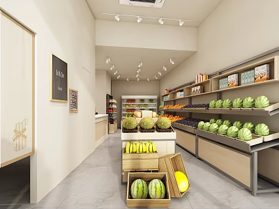 Modern Fruit Store Interior With Fresh Watermelons Bananas And Melons On Shelves 3d model