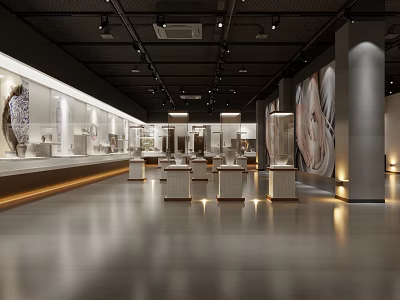 Museum Exhibition Hall Interior Design With Glass Display Cases Art Exhibits And Ambient Lighting 3d model