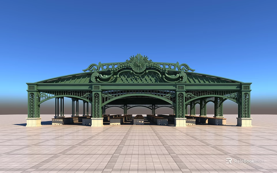 European-style Architecture With Green Metal Structure Decorative Roof And Ornate Carvings On Plaza Paved Ground 3d model 