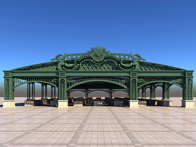 European-style Architecture With Green Metal Structure Decorative Roof And Ornate Carvings On Plaza Paved Ground 3d model