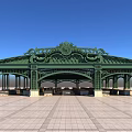 European-style Architecture With Green Metal Structure Decorative Roof And Ornate Carvings On Plaza Paved Ground