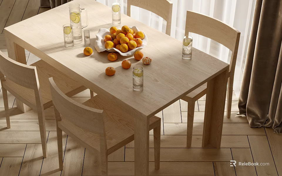 Wooden Dining Table Set With Oranges Glasses And Chairs In Natural Light 3d model