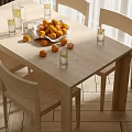 Wooden Dining Table Set With Oranges Glasses And Chairs In Natural Light 3d model