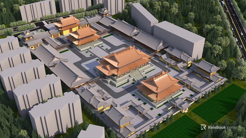 Ancient Chinese Architectural Complex With Curved Roofs Symmetrical Design Surrounded By Modern Buildings And Greenery 3d model 
