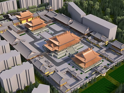 Ancient Chinese Architectural Complex With Curved Roofs Symmetrical Design Surrounded By Modern Buildings And Greenery 3d model