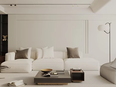 Modern Living Room Interior With White Sofa Gray Cushions Black Coffee Table And Floor Lamp 3d model