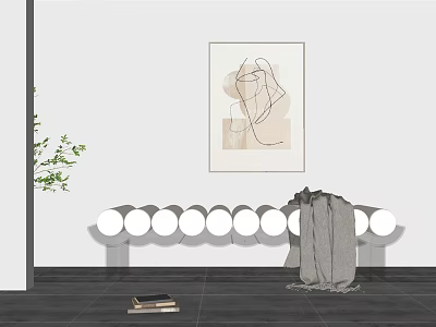 Modern Public Chair With Circular Design Blanket Books And Wall Painting In Interior 3d model