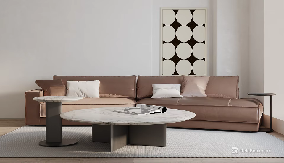 Modern Brown Double Sofa With Pillows And Marble Coffee Table In Living Room 3d model 