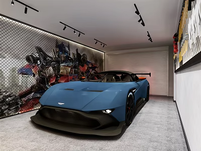 Indoor Parking Garage Featuring Blue Aston Martin Sports Car Transformers Mural And Spotlights 3d model