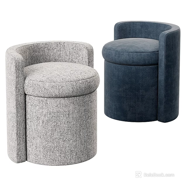 Modern Round Upholstered Sofa Stools in Light Gray and Navy Blue with Backrest 3d model 