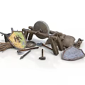Ancient Weapons Collection Including Shield Bow Arrow Axe Hammer And Grindstone 3d model