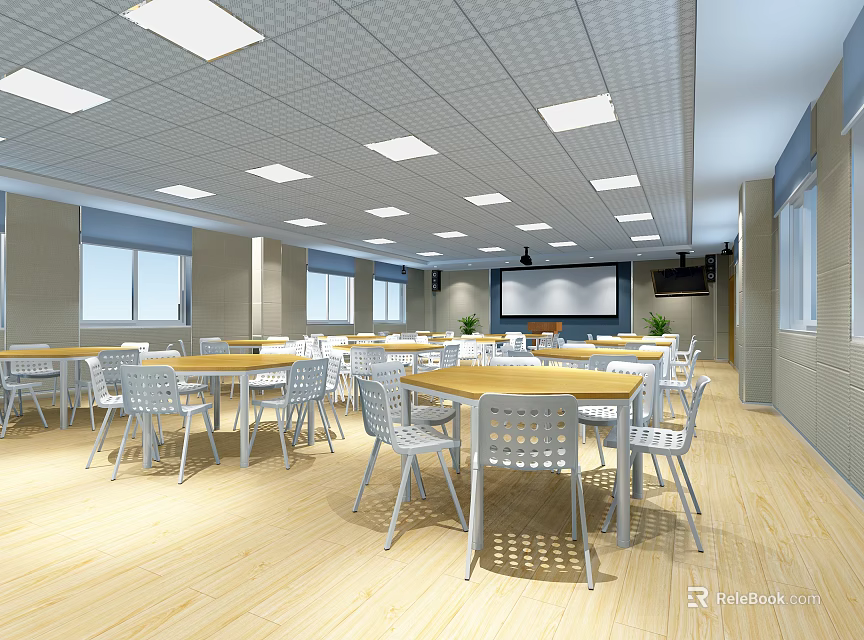 Spacious Cafeteria Interior With Wooden Flooring White Tables Chairs Ceiling Lights Projector Screen And Windows 3d model 