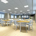 Spacious Cafeteria Interior With Wooden Flooring White Tables Chairs Ceiling Lights Projector Screen And Windows