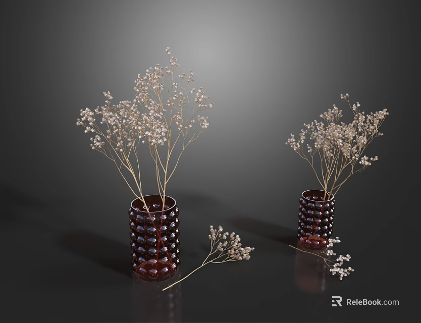 Decorative Dark Red Dotted Vases With Light Colored Small Flowers On Dark Background 3d model 