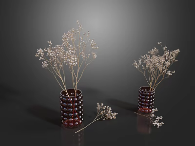 Decorative Dark Red Dotted Vases With Light Colored Small Flowers On Dark Background 3d model