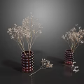 Decorative Dark Red Dotted Vases With Light Colored Small Flowers On Dark Background 3d model