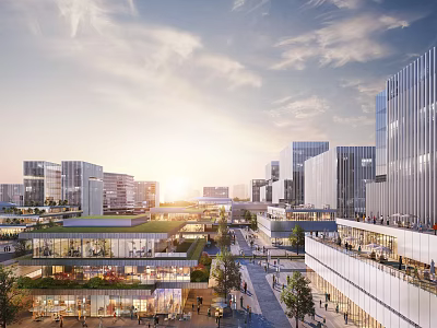 Modern Commercial Complex With Green Rooftops And Urban Pedestrian Streets 3d model