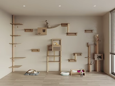 Cozy Cat Room Interior With Wooden Shelves Cat Trees Beds And Pet Furniture 3d model